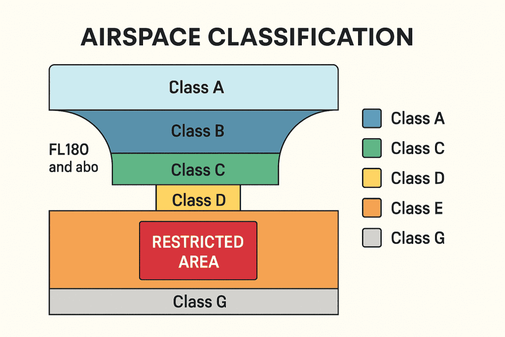 Airspace Classification Diagram with Highlighted Restricted Area – Visual Guide to U.S. Airspace Structure (Class A to G)