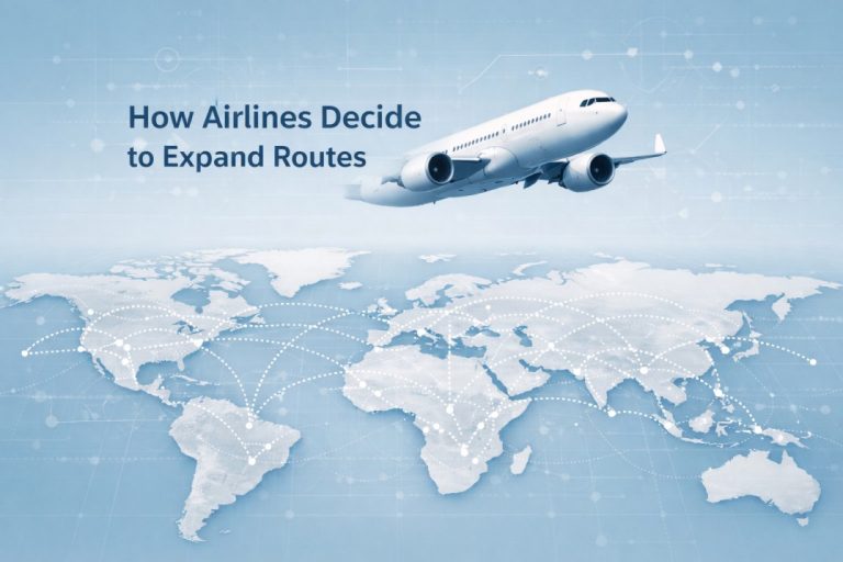 Illustration of a commercial airplane flying over a world map with airline route lines, representing how airlines plan and expand flight routes