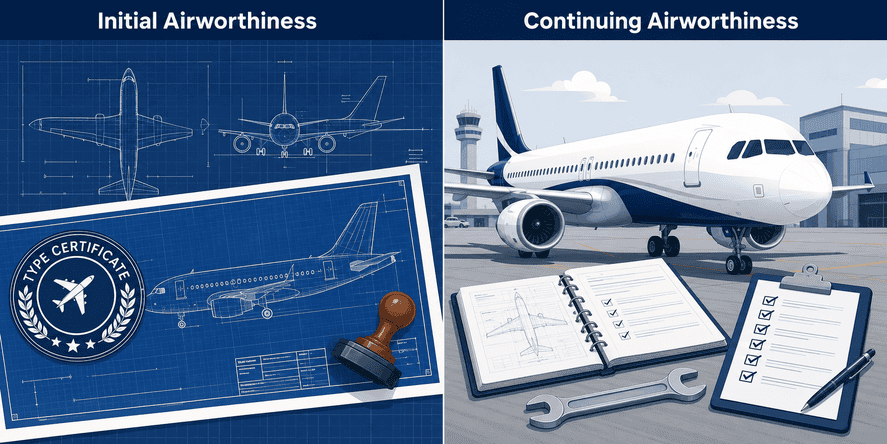 Illustration comparing initial airworthiness certification and continuing airworthiness maintenance for an aircraft