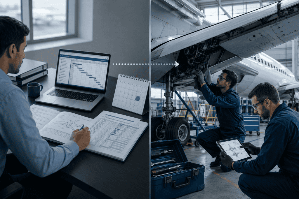 Split illustration comparing CAMO planning office work with Part-145 hangar maintenance execution