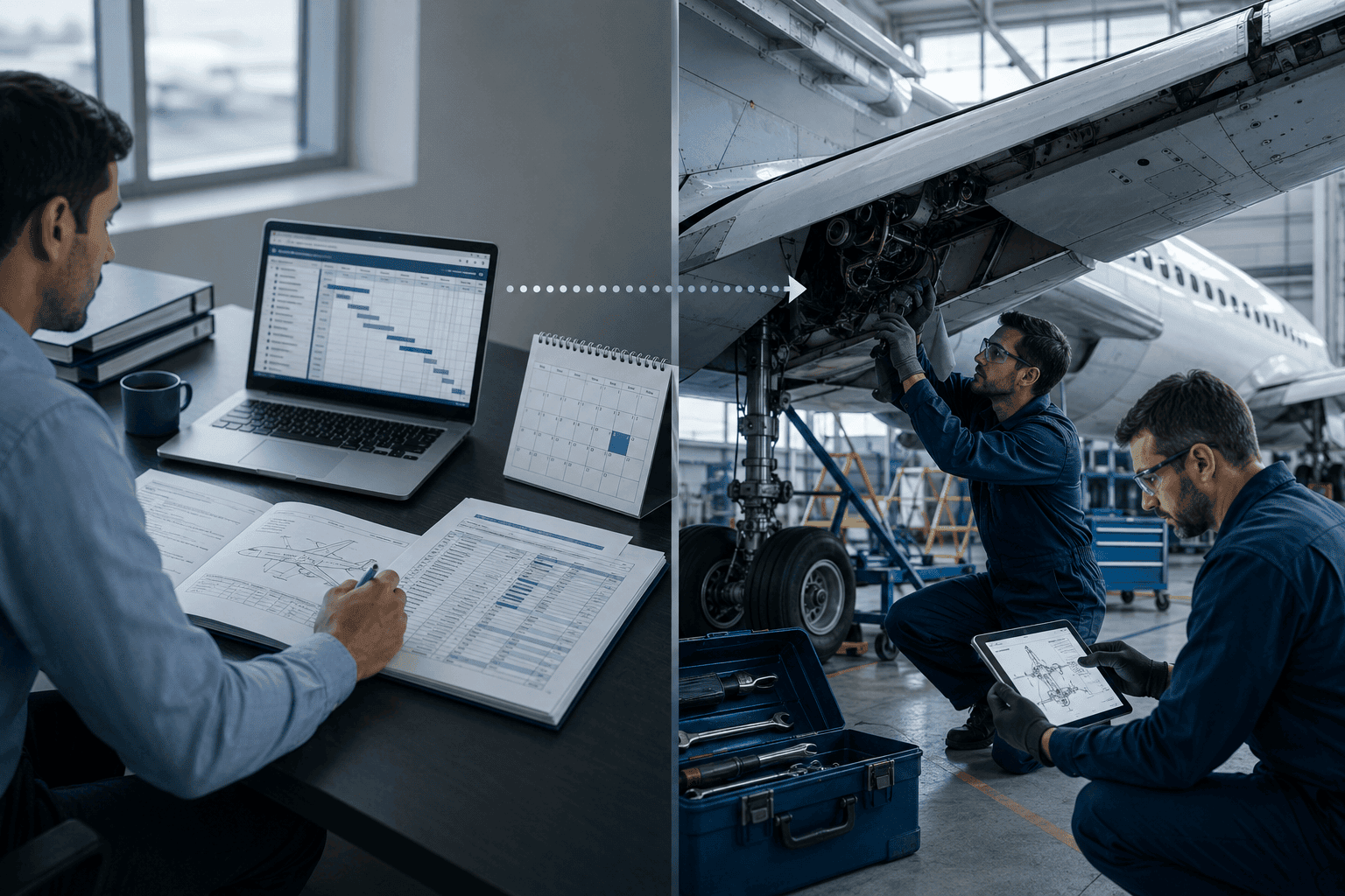Split illustration comparing CAMO planning office work with Part-145 hangar maintenance execution