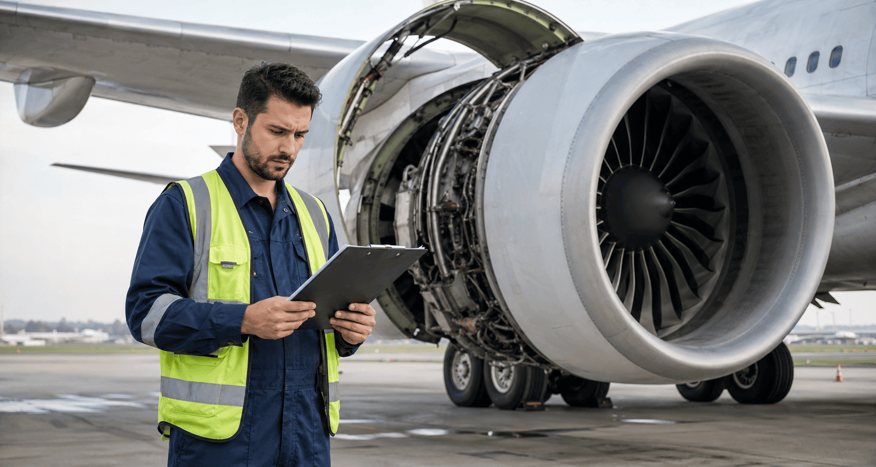 Aircraft maintenance engineer reviewing an airworthiness directive document beside an aircraft engine