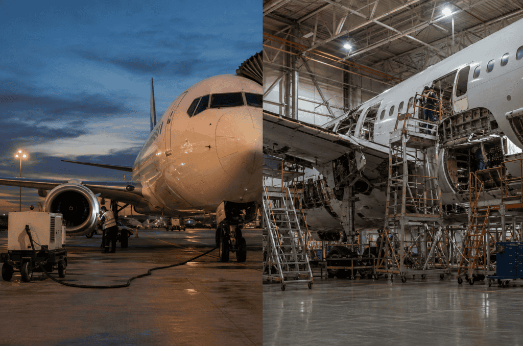 Split image comparing aircraft line maintenance at an airport gate with base maintenance inside a hangar.