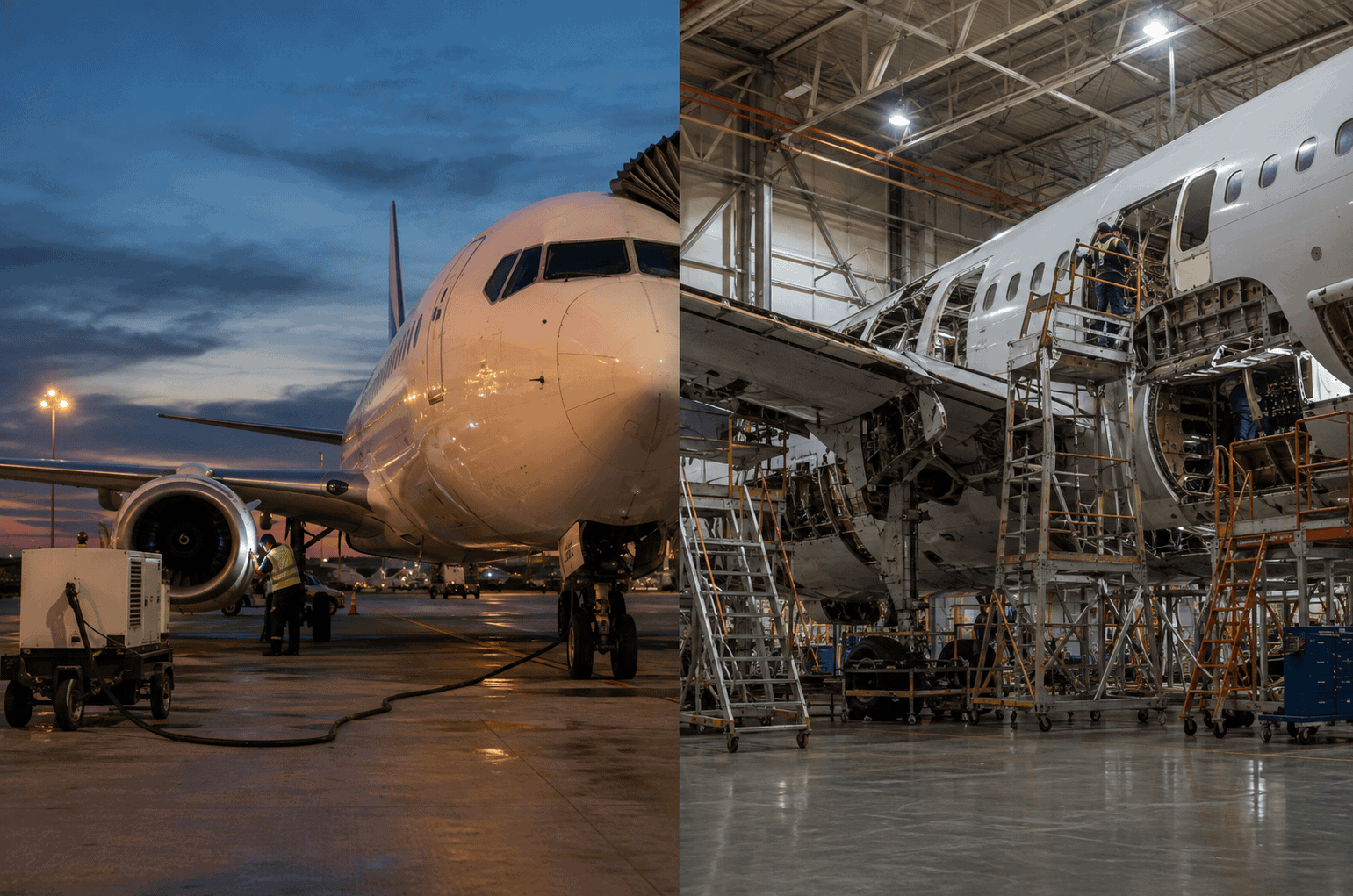Split image comparing aircraft line maintenance at an airport gate with base maintenance inside a hangar.
