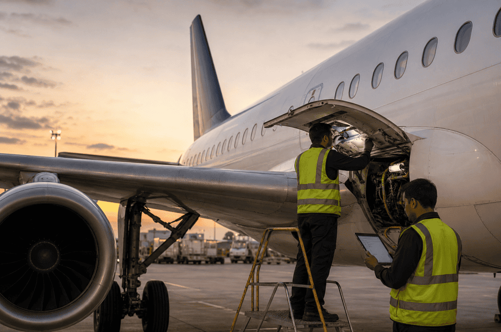 Maintenance engineer inspecting an aircraft external panel before dispatch, illustrating a configuration deviation list assessment