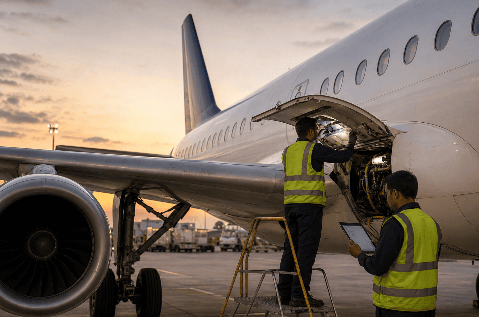 Maintenance engineer inspecting an aircraft external panel before dispatch, illustrating a configuration deviation list assessment