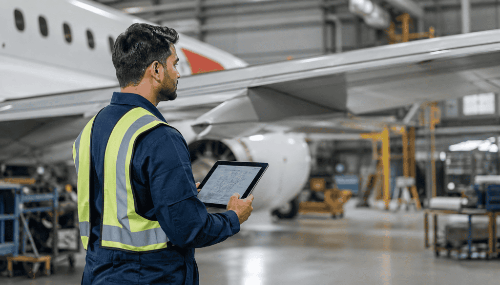 Aircraft maintenance engineer reviewing a service bulletin document in a hangar