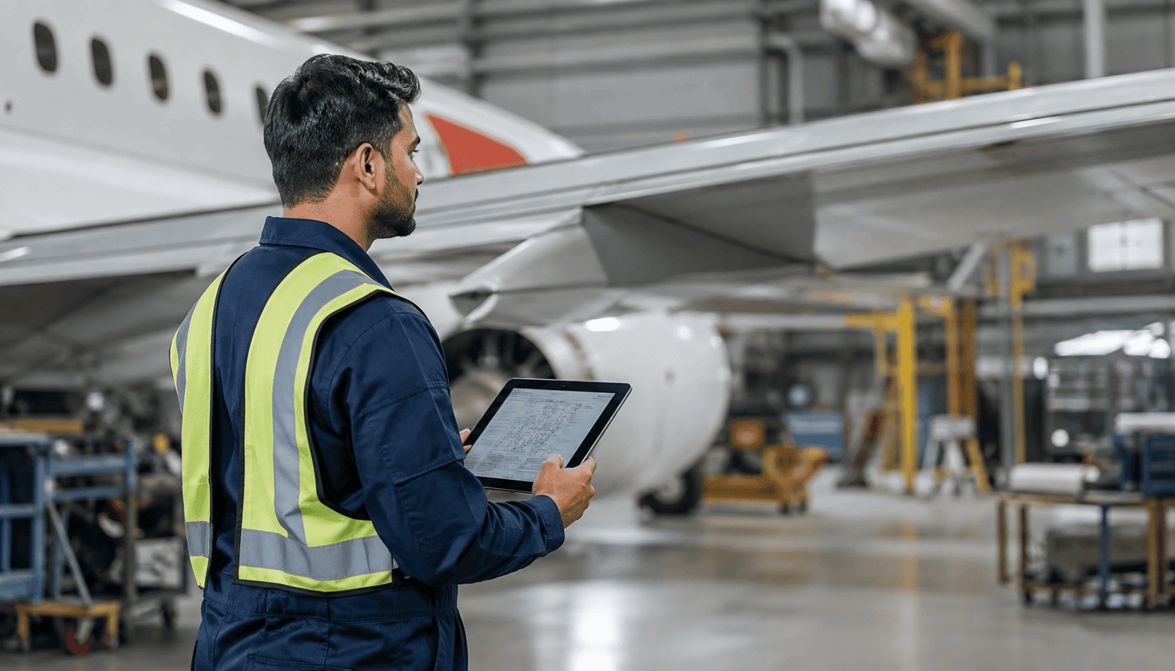 Aircraft maintenance engineer reviewing a service bulletin document in a hangar
