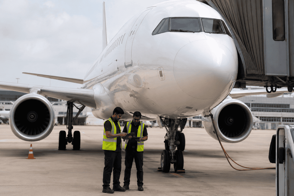 Maintenance engineers reviewing aircraft technical documentation beside a parked commercial jet before dispatch.