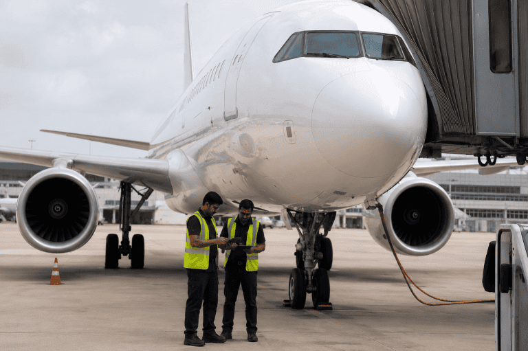 Maintenance engineers reviewing aircraft technical documentation beside a parked commercial jet before dispatch.