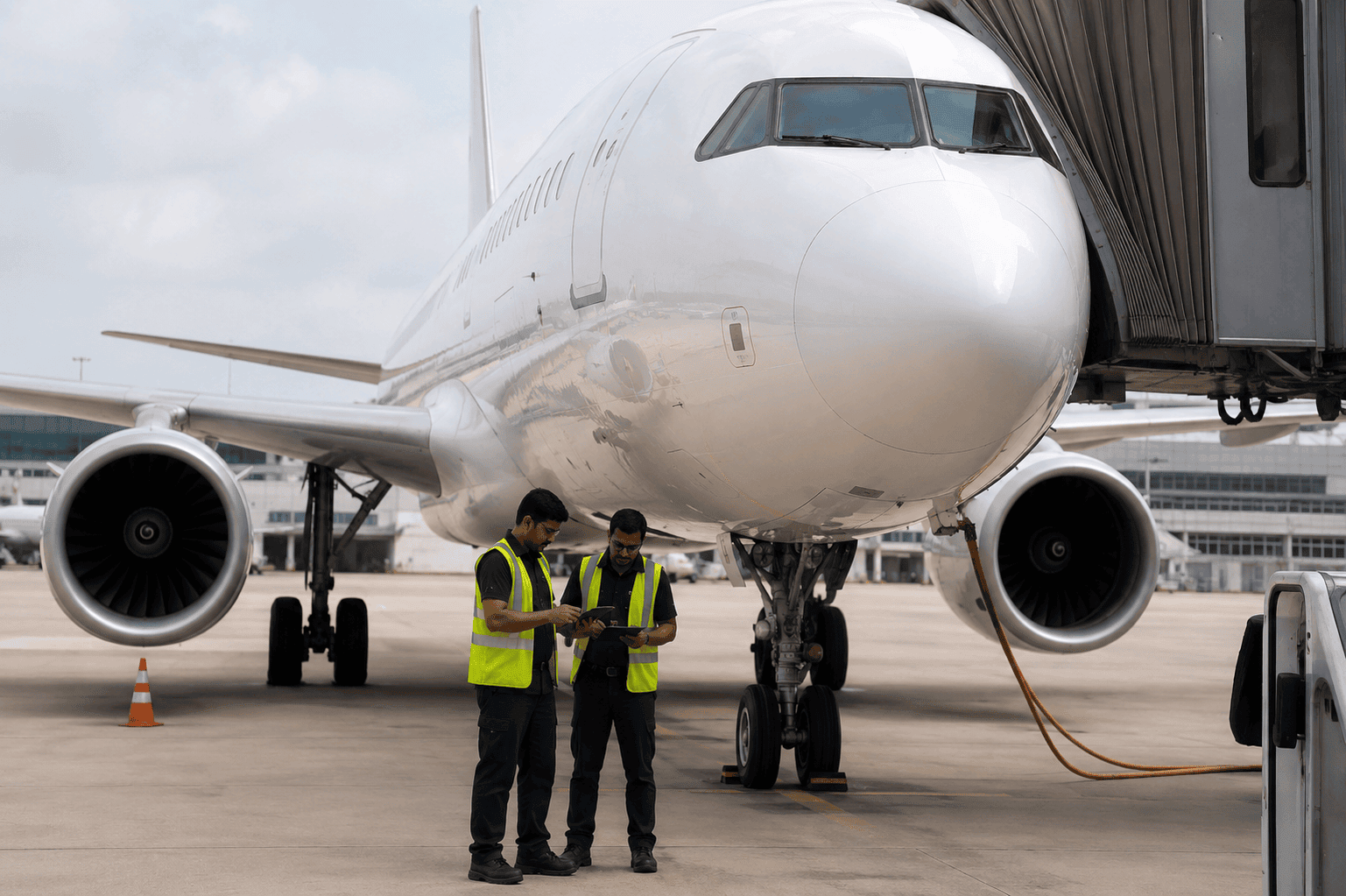 Maintenance engineers reviewing aircraft technical documentation beside a parked commercial jet before dispatch.