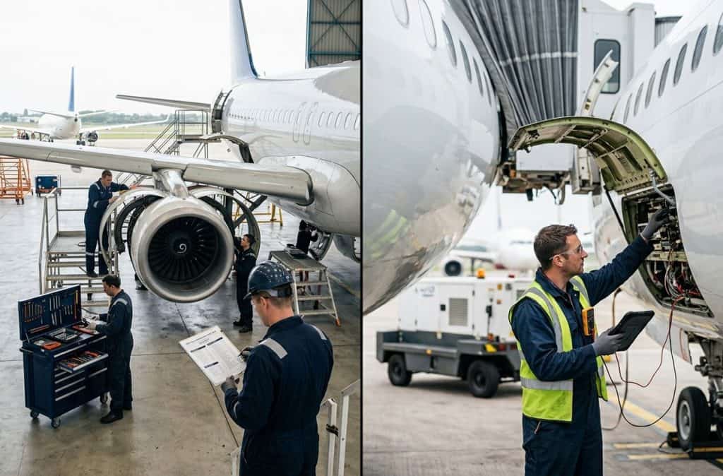 Split image comparing scheduled hangar maintenance and unscheduled line maintenance troubleshooting on a commercial aircraft.